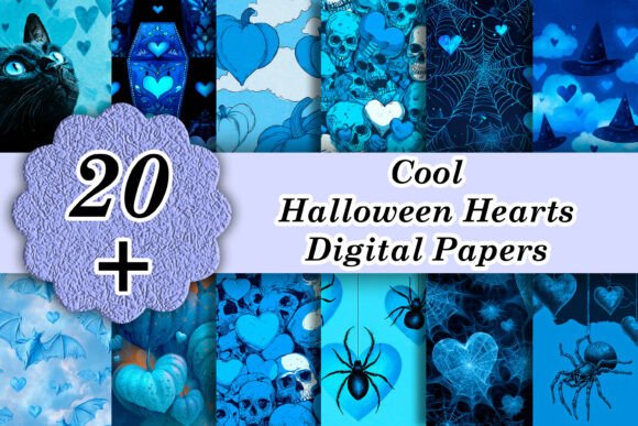 20 Sky Blue Cool Halloween Hearts Papers